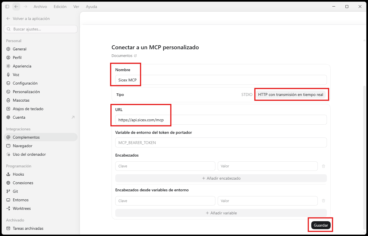 Formulario de conexión MCP SICEX